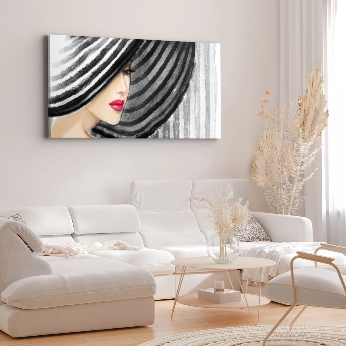 Impression sur toile - Image sur toile - Femme portant un chapeau noir et blanc avec une touche rouge - 140x50cm - Où te chercher ? - Décoration murale moderne pour le salon et la chambre ARTTOR