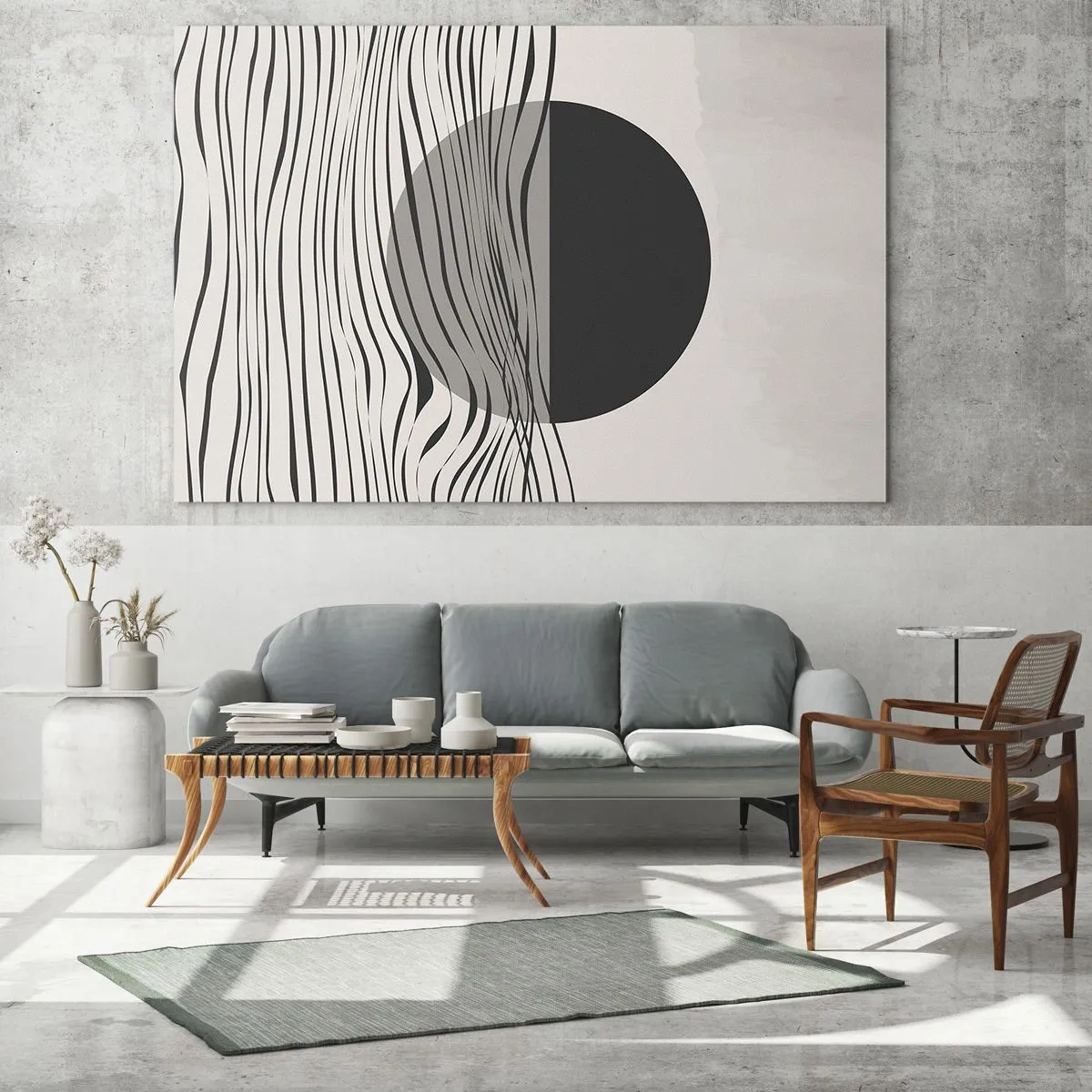 Impression sur verre - Image sur verre - Des vagues noires et un cercle sur fond beige - 100x70cm - Demi composition - Décoration murale moderne pour le salon et la chambre ARTTOR