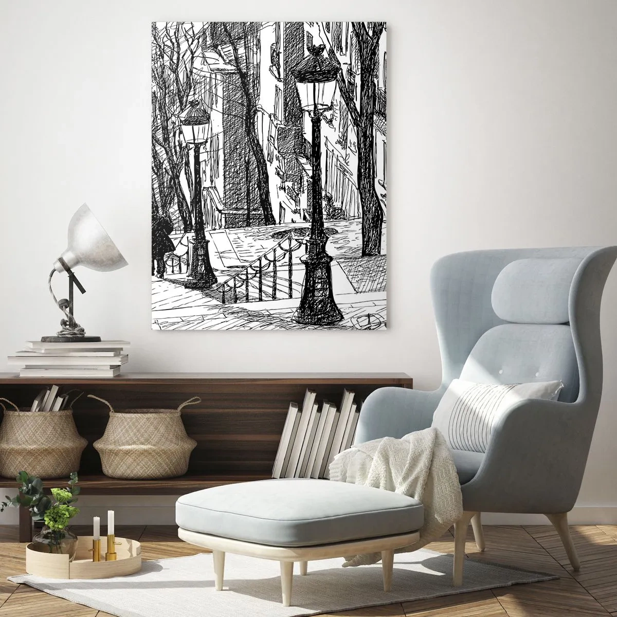 Impression sur verre - Image sur verre - Dessin en noir et blanc d'une rue de la ville avec des lanternes - 50x70cm - Une histoire d'amour ou une histoire d'horreur ? - Décoration murale moderne pour le salon et la chambre ARTTOR