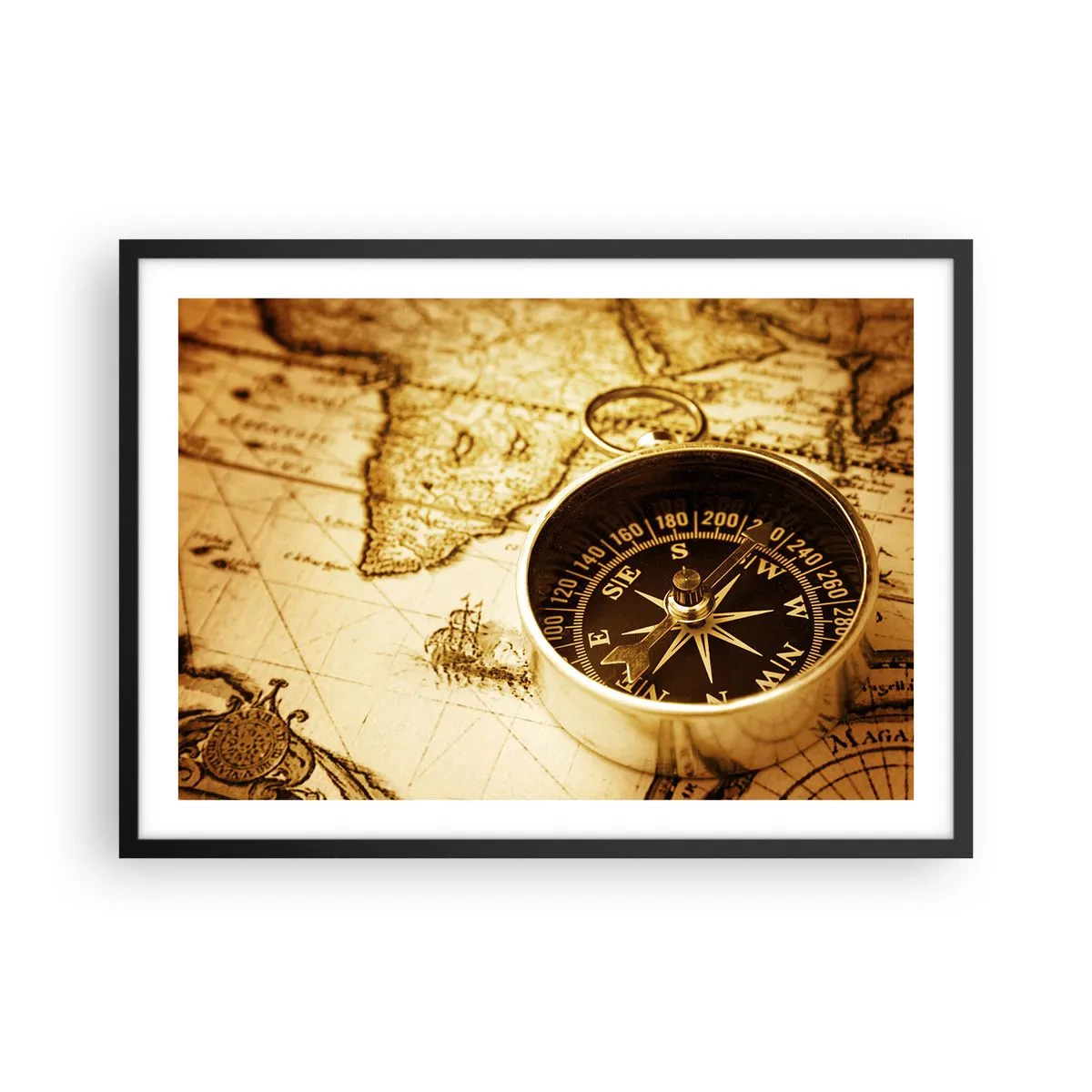 Affiche dans un cadre noir - Poster - Une boussole antique sur fond d'une vieille carte du monde - 70x50cm - Est ou ouest? - Décoration murale moderne pour le salon et la chambre ARTTOR