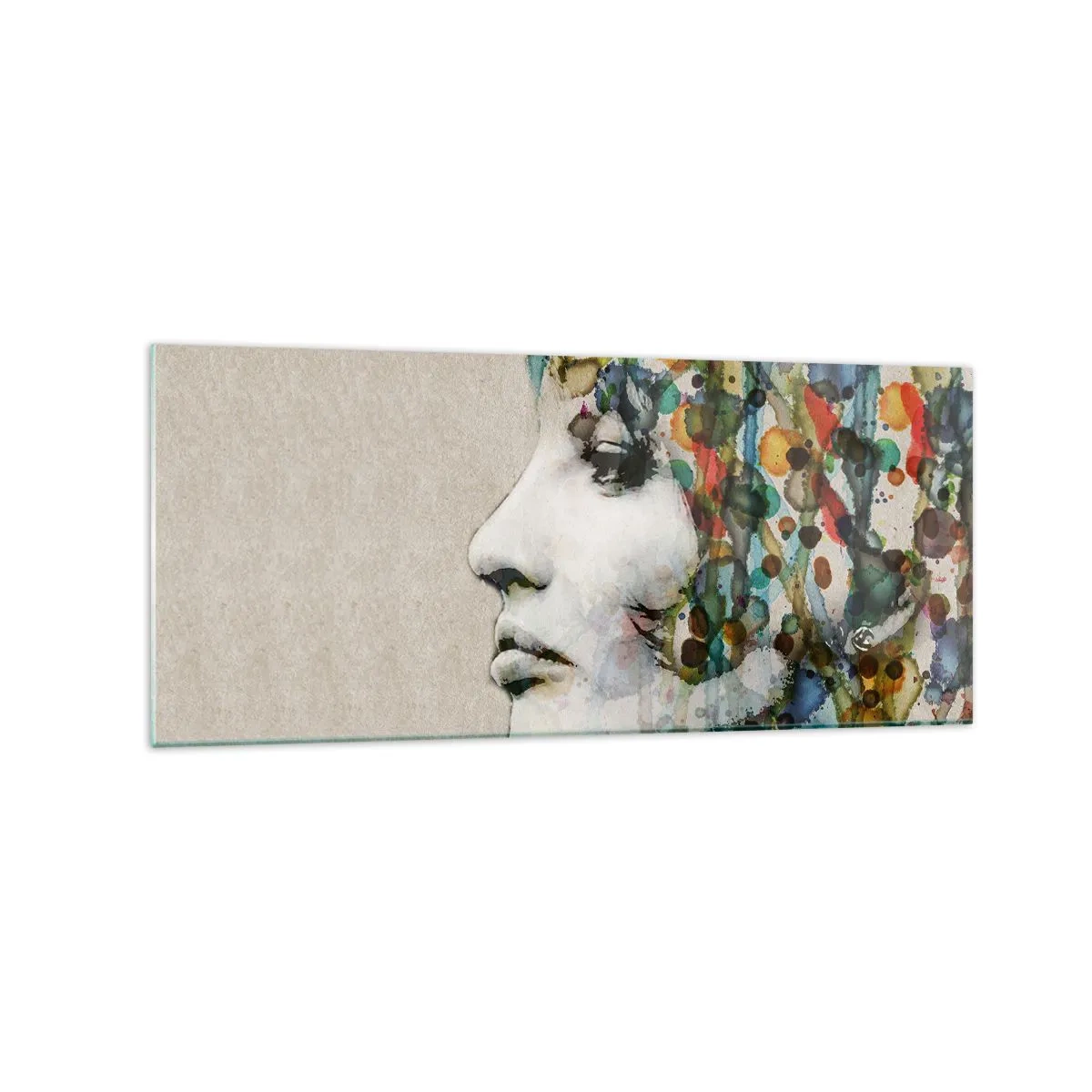 Impression sur verre - Image sur verre - Profil d'une femme aux couleurs aquarelles avec un fond abstrait - 120x50cm - Elle est sortie de la grisaille - Décoration murale moderne pour le salon et la chambre ARTTOR