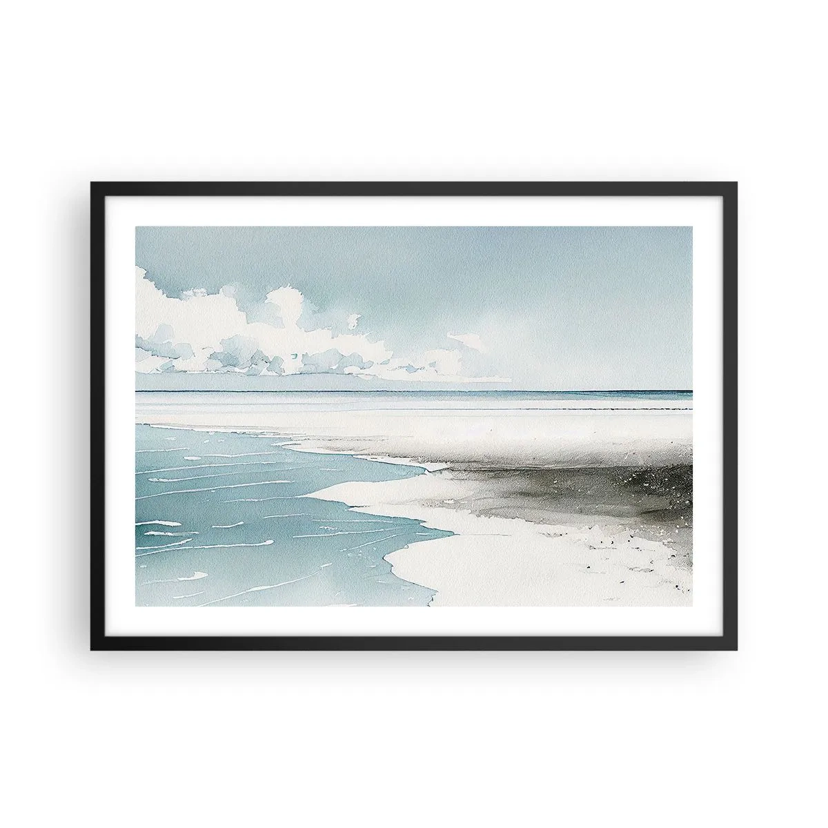 Affiche dans un cadre noir - Poster - Une mer calme et une plage aux tons clairs de bleu - 70x50cm - Marée douce - Décoration murale moderne pour le salon et la chambre ARTTOR