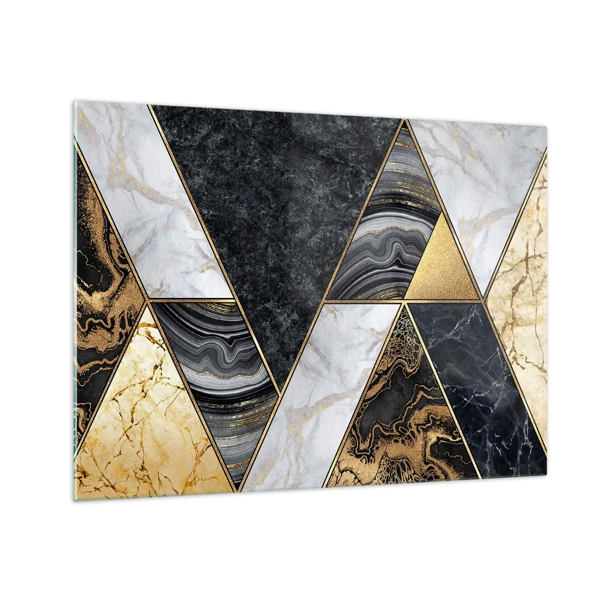 Impression sur verre - Image sur verre - Motif géométrique de marbre et de triangles dorés - 70x50cm - Pierre après pierre - Décoration murale moderne pour le salon et la chambre ARTTOR