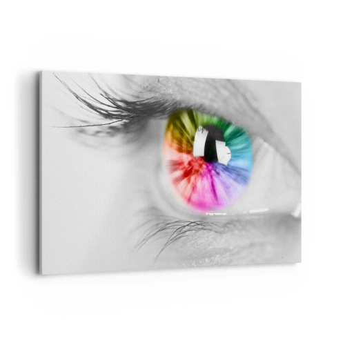 Impression sur toile - Image sur toile - Prise de vue artistique d'un œil avec un iris arc-en-ciel sur fond gris - 120x80cm - Regarde le monde en couleur - Décoration murale moderne pour le salon et la chambre ARTTOR
