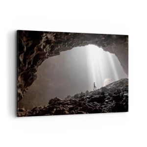 Impression sur toile - Image sur toile - Une figure dans une grotte éclairée par des rayons de lumière - 120x80cm - Grotte lumineuse - Décoration murale moderne pour le salon et la chambre ARTTOR