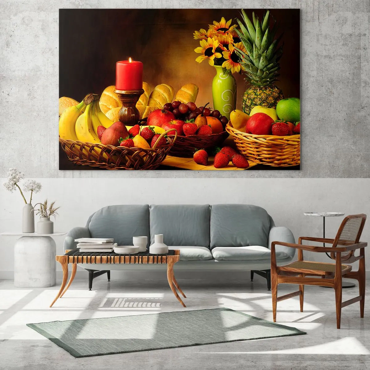 Impression sur verre - Image sur verre - Une composition de fruits, de pain et d'une bougie dans un style rustique - 70x50cm - Nature morte de pain et de fruits - Décoration murale moderne pour le salon et la chambre ARTTOR