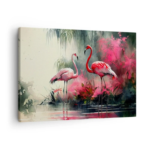 Impression sur toile - Image sur toile - Flamants roses au bord de l'eau entourés de végétation - 70x50cm - Une leçon de grâce naturelle - Décoration murale moderne pour le salon et la chambre ARTTOR