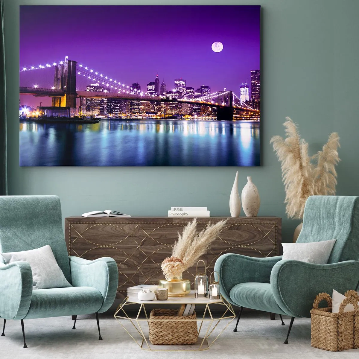 Impression sur toile - Image sur toile - Pont de Brooklyn la nuit avec la ville illuminée et la pleine lune - 100x70cm - Lumières de grande ville en violet - Décoration murale moderne pour le salon et la chambre ARTTOR