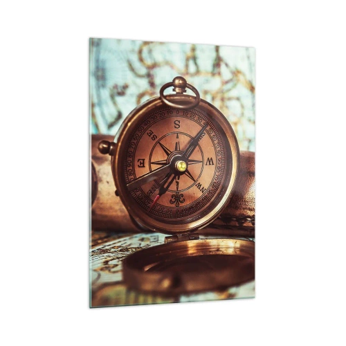 Impression sur verre - Image sur verre - Un ensemble rétro avec une boussole, un télescope et une carte sur le thème du voyage - 70x100cm - Une aventure de pirates dans les Caraïbes vous attend - Décoration murale moderne pour le salon et la chambre ARTTO