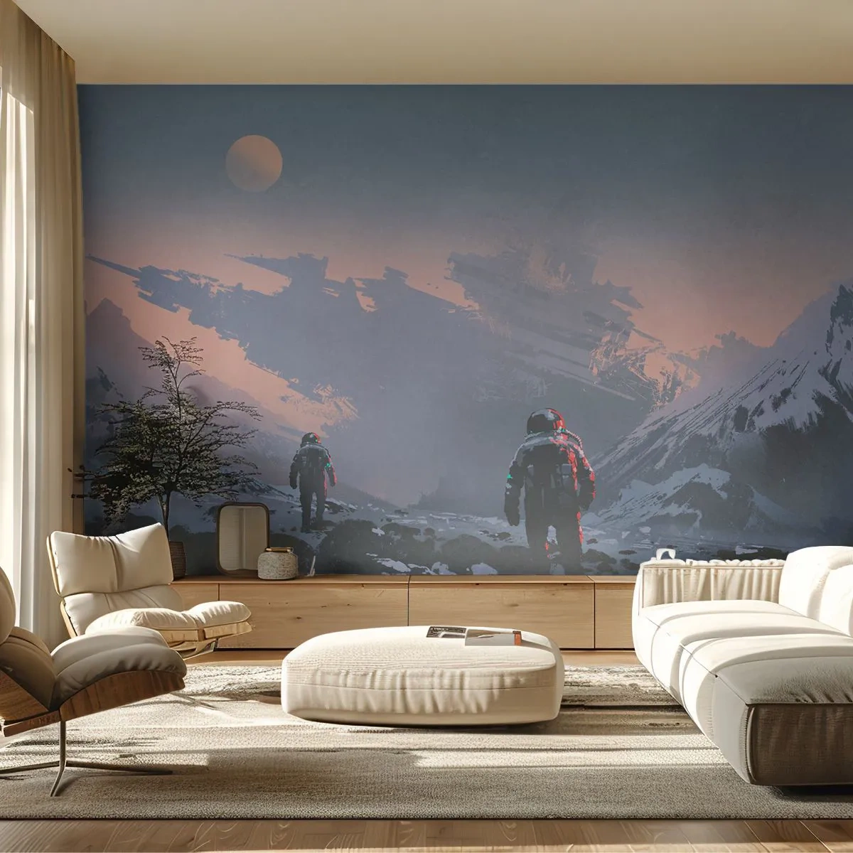 Papier Peint Photo Standard Eco - Des astronautes explorent une planète extraterrestre avec une épave. - 100x70cm - Sous une étoile inconnue - Décoration murale moderne pour le salon et la chambre ARTTOR