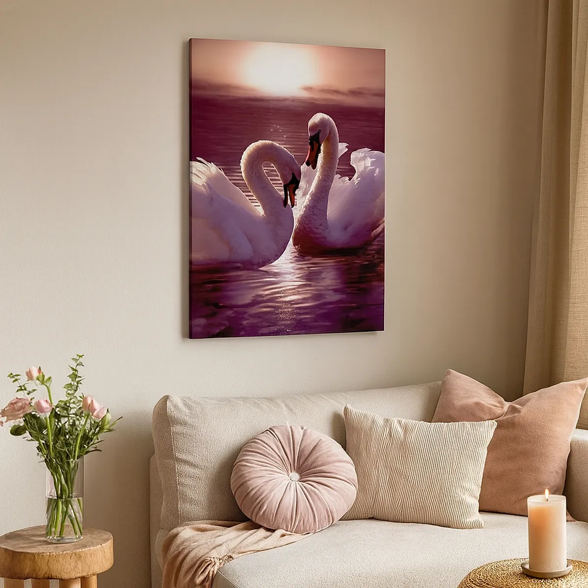 Impression sur toile - Image sur toile - Deux cygnes sur un lac calme au coucher du soleil - 50x70cm - Jusqu'à ce que la mort nous sépare - Décoration murale moderne pour le salon et la chambre ARTTOR