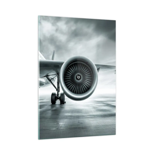 Impression sur verre - Image sur verre - La turbine d'un avion de ligne sur la piste à l'aube - 50x70cm - Sent la force! - Décoration murale moderne pour le salon et la chambre ARTTOR