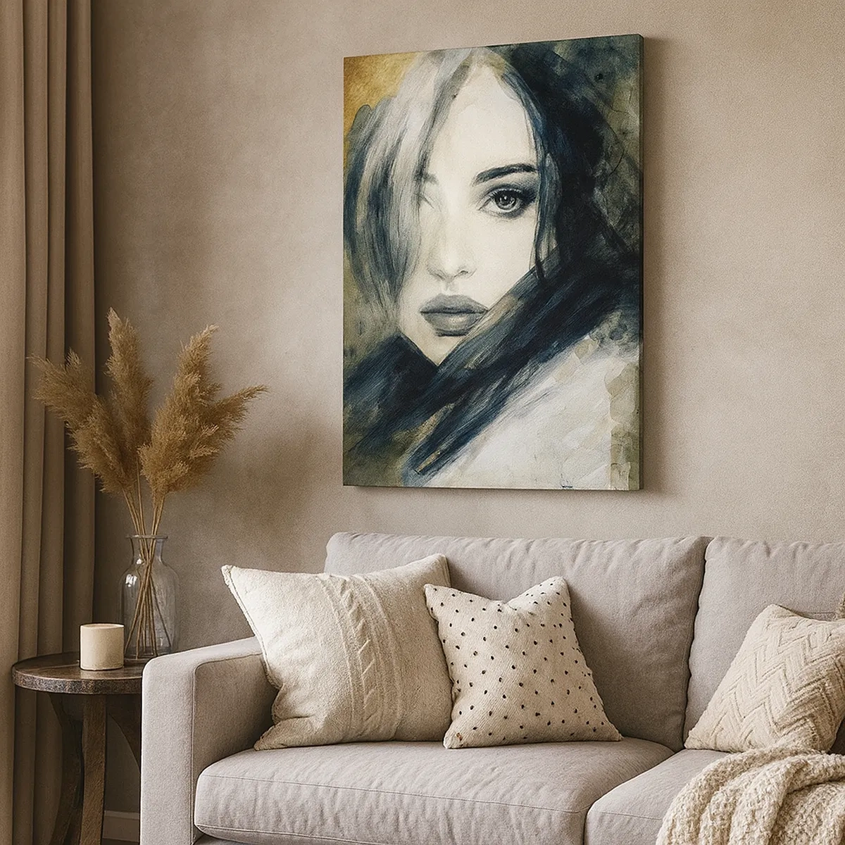 Impression sur toile - Image sur toile - Portrait d'une femme sur fond de taches abstraites dans les tons beiges - 50x70cm - plutôt innocente ou sensuelle ? - Décoration murale moderne pour le salon et la chambre ARTTOR