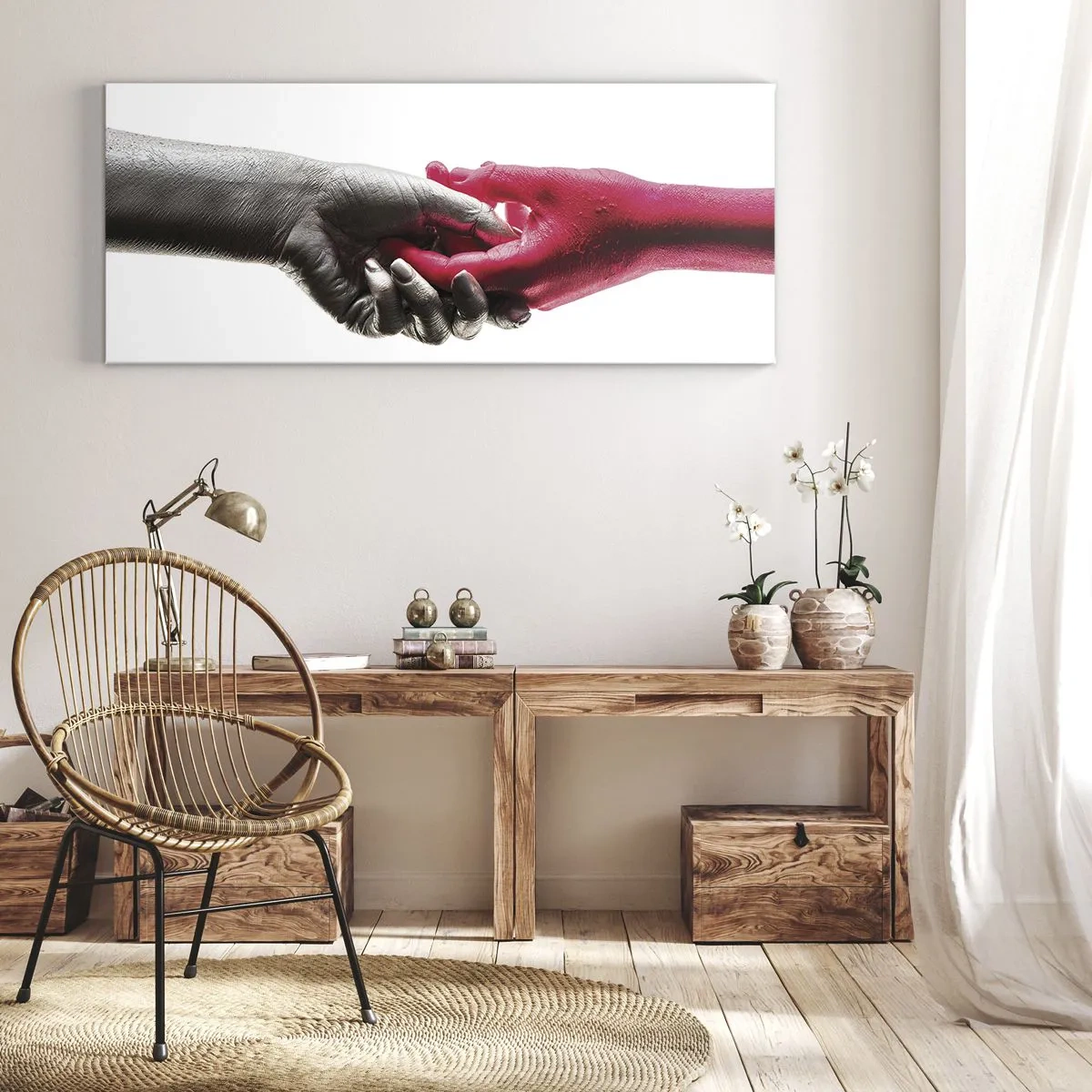 Impression sur toile - Image sur toile - Aiguilles symboliques en argent et rouge - 160x50cm - Ensemble, bien que différents - Décoration murale moderne pour le salon et la chambre ARTTOR