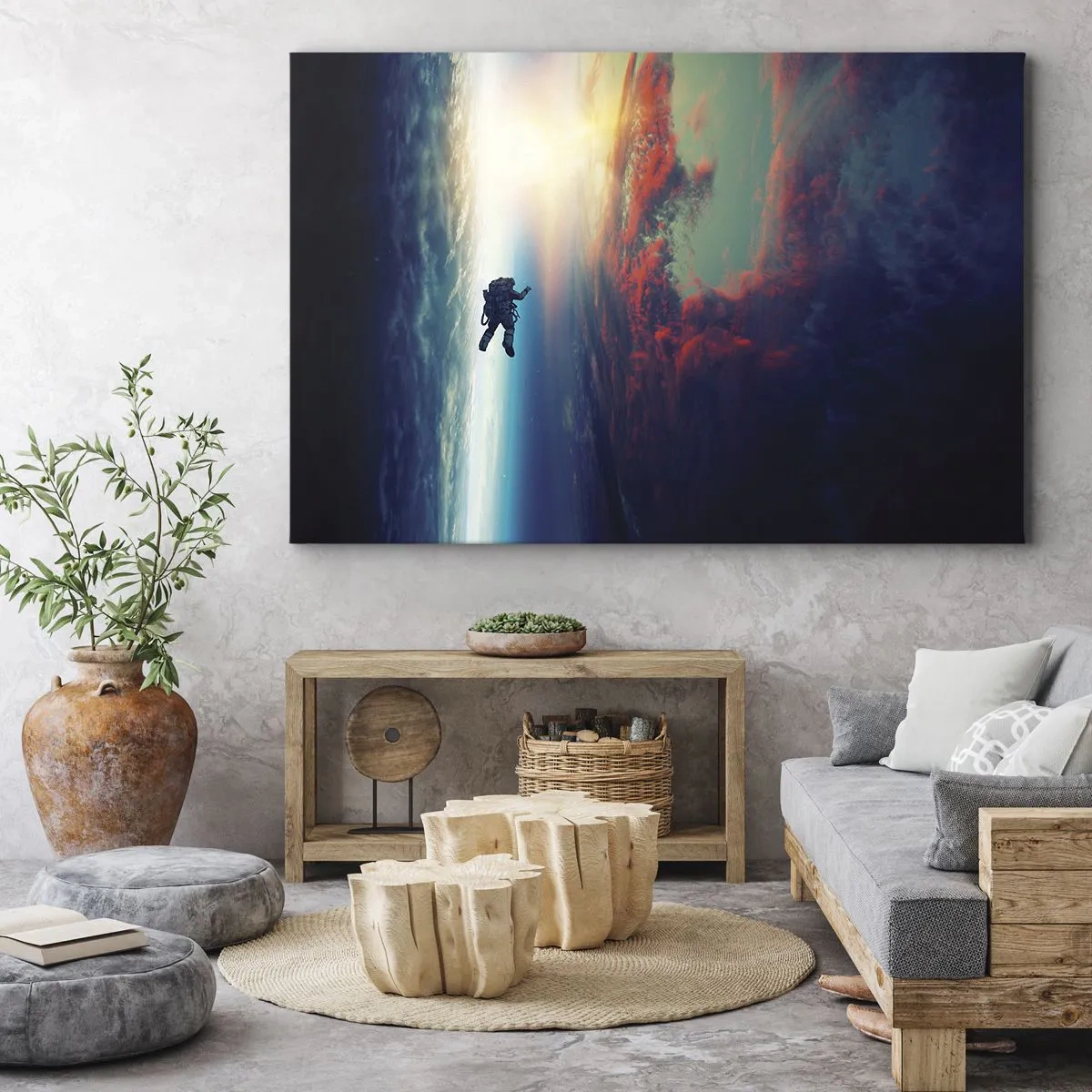 Impression sur toile - Image sur toile - Un astronaute flottant dans l'espace au-dessus d'une Terre colorée - 100x70cm - Affronter l'univers - Décoration murale moderne pour le salon et la chambre ARTTOR