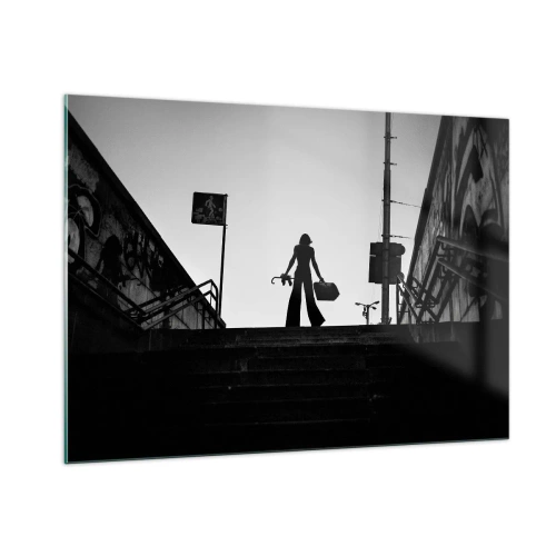 Impression sur verre - Image sur verre - Silhouette noire et blanche d'une femme sur fond de paysage urbain - 100x70cm - Pèlerinage urbain - Décoration murale moderne pour le salon et la chambre ARTTOR