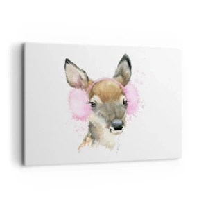Impression sur toile - Image sur toile - Cerf aquarelle avec cache-oreilles roses - 100x70cm - Et le gel n'effraie plus - Décoration murale moderne pour le salon et la chambre ARTTOR