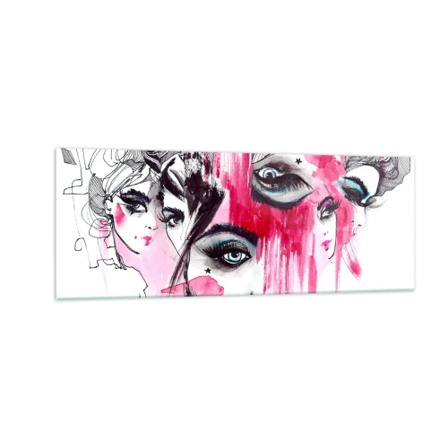 Impression sur verre - Image sur verre - Visage abstrait dans les tons de rose et de noir - 140x50cm - Yeux abstraits - Décoration murale moderne pour le salon et la chambre ARTTOR