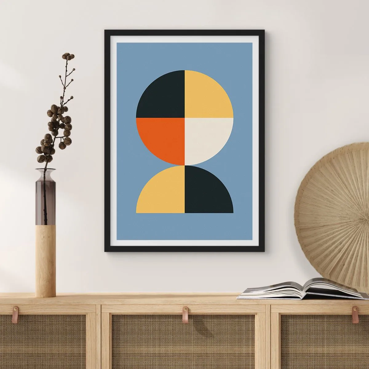 Affiche dans un cadre noir - Poster - Motif géométrique en forme de cercle et de demi-cercle sur fond bleu - 50x70cm - Regarde et compte - Décoration murale moderne pour le salon et la chambre ARTTOR