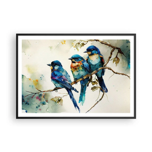 Affiche dans un cadre noir - Poster - Trois oiseaux colorés sur une branche dans un style aquarelle - 100x70cm - A-t-il été offensé ? - Décoration murale moderne pour le salon et la chambre ARTTOR
