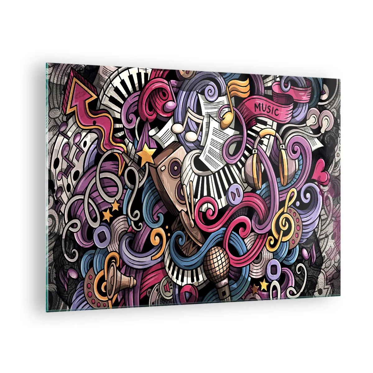 Impression sur verre - Image sur verre - Thèmes musicaux colorés avec notes et instruments - 70x50cm - Mélodie compliquée - Décoration murale moderne pour le salon et la chambre ARTTOR