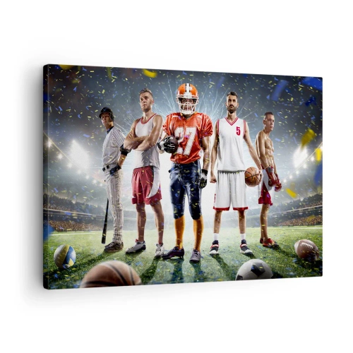 Impression sur toile - Image sur toile - Une scène dynamique d'athlètes de diverses disciplines dans le stade sous les projecteurs - 70x50cm - Gladiateurs des champs - Décoration murale moderne pour le salon et la chambre ARTTOR