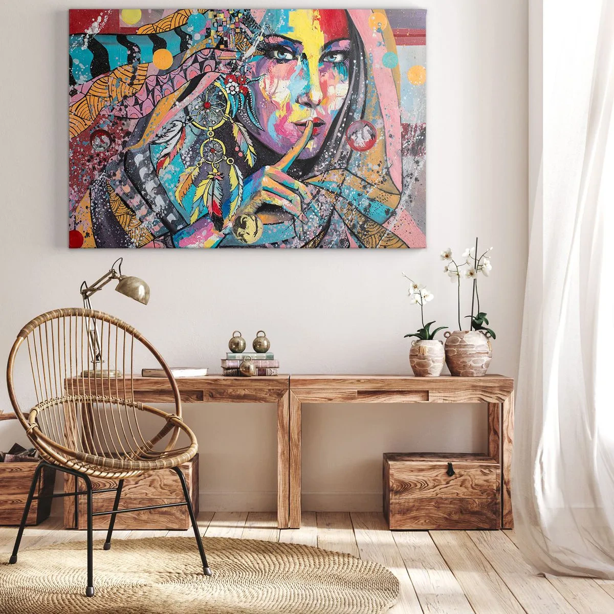 Impression sur toile - Image sur toile - Visage féminin coloré dans un style artistique - 70x50cm - Taisez-vous jusqu'à ce que vous compreniez - Décoration murale moderne pour le salon et la chambre ARTTOR