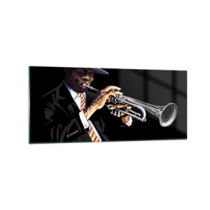Impression sur verre - Image sur verre - Un musicien jouant de la trompette sur un fond noir - 120x50cm - Le charme de la vieille école - Décoration murale moderne pour le salon et la chambre ARTTOR