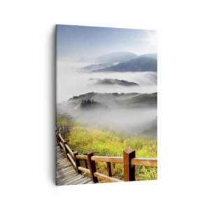 Impression sur toile - Image sur toile - Un chemin en bois parmi les montagnes brumeuses le matin - 50x70cm - Tissé d'éblouissement et de brouillard - Décoration murale moderne pour le salon et la chambre ARTTOR