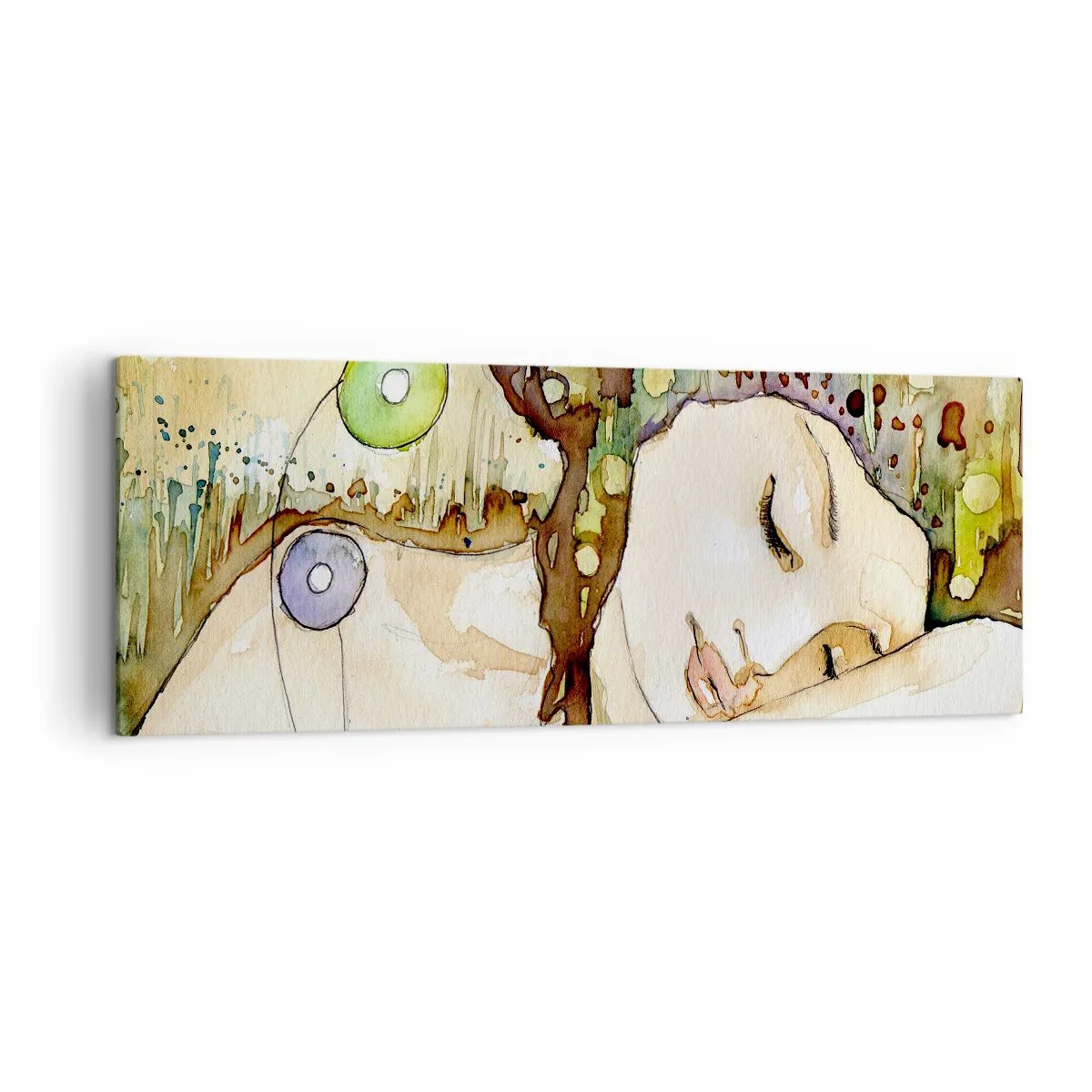 Impression sur toile - Image sur toile - Une femme rêvant entourée de formes et de couleurs abstraites. - 140x50cm - Un rêve violet émeraude - Décoration murale moderne pour le salon et la chambre ARTTOR