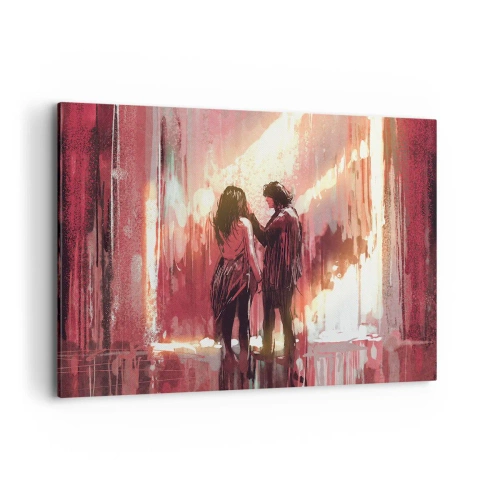 Impression sur toile - Image sur toile - Un couple debout dans une lumière chaude sur fond de motifs abstraits - 120x80cm - L'éternel spectacle de l'amour - Décoration murale moderne pour le salon et la chambre ARTTOR