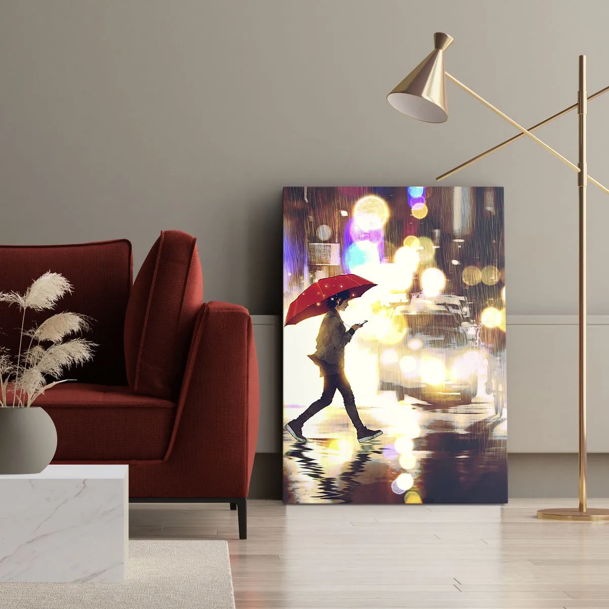 Impression sur toile - Image sur toile - Une silhouette avec un parapluie rouge dans la rue sous la pluie - 50x70cm - Et pourtant ensoleillé - Décoration murale moderne pour le salon et la chambre ARTTOR