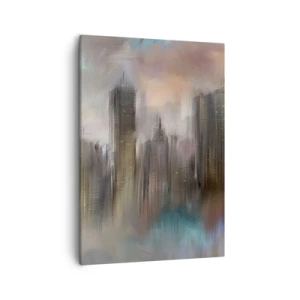 Impression sur toile - Image sur toile - Une vision artistique d'un paysage urbain avec des gratte-ciels aux couleurs pastel. - 50x70cm - Une composition d'acier, de pierre et de brouillard - Décoration murale moderne pour le salon et la chambre ARTTOR