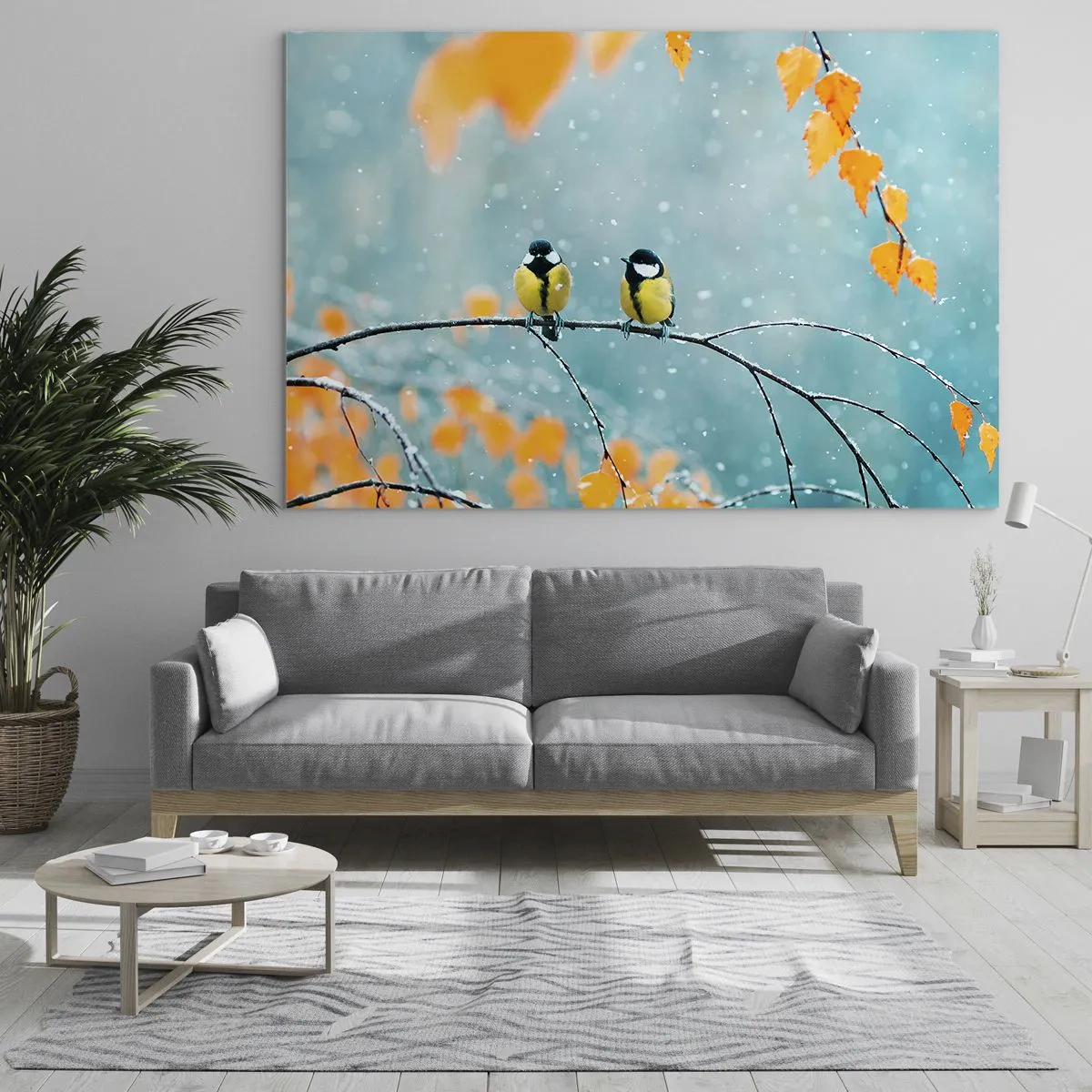 Impression sur verre - Image sur verre - Deux mésanges assises sur une brindille parmi les feuilles qui tombent - 100x70cm - Potins d'oiseaux - Décoration murale moderne pour le salon et la chambre ARTTOR