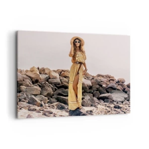 Impression sur toile - Image sur toile - Une femme au style bohème sur fond de plage rocheuse - 100x70cm - La magie des pierres - Décoration murale moderne pour le salon et la chambre ARTTOR
