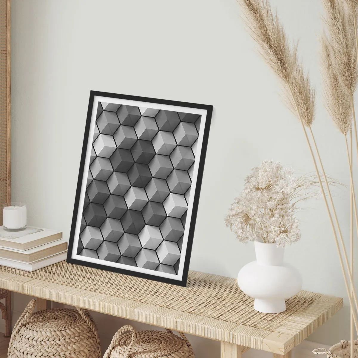 Affiche dans un cadre noir - Poster - Composition en noir et blanc de cubes géométriques 3D - 50x70cm - Puzzle cubiste - Décoration murale moderne pour le salon et la chambre ARTTOR