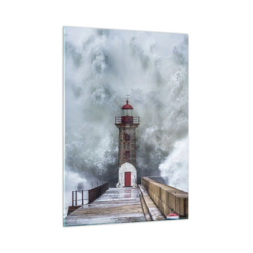 Impression sur verre - Image sur verre - Un phare est frappé par une puissante vague. - 50x70cm - Le rugissement des eaux, le bruit soufflera - Décoration murale moderne pour le salon et la chambre ARTTOR