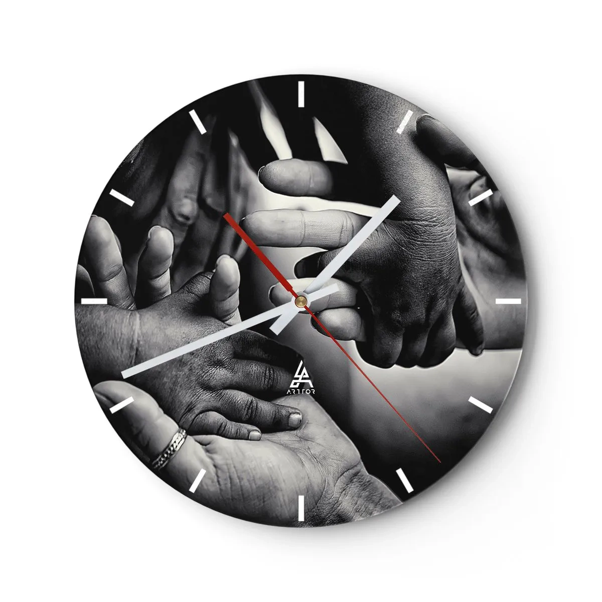 Horloge murale - Pendule murale - Les mains se touchant dans un geste d'unité - 30x30cm - Être humain - Décoration murale moderne pour le salon, la cuisine et la chambre ARTTOR