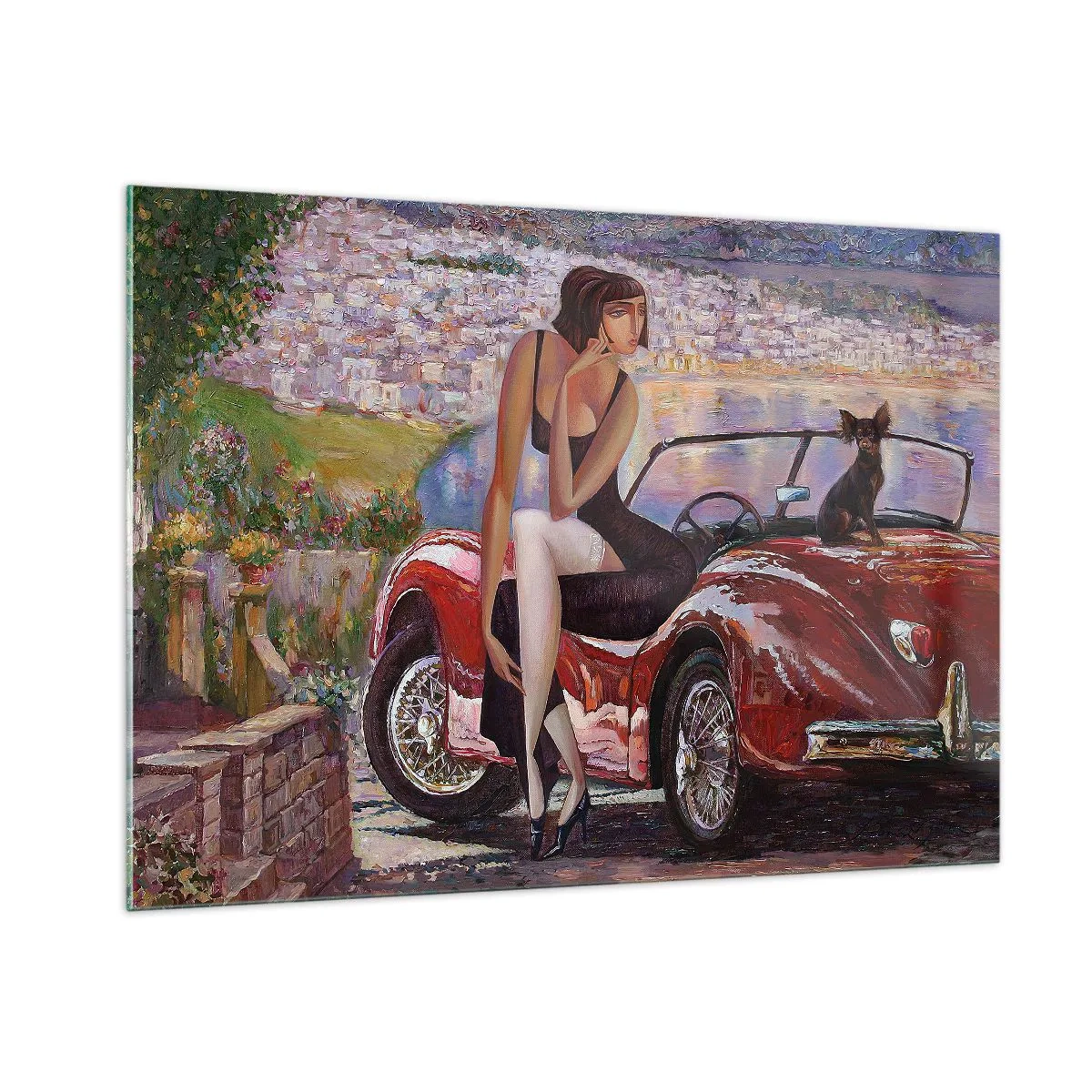 Impression sur verre - Image sur verre - Une femme et un chien près d'une voiture rouge avec un paysage en arrière-plan. - 100x70cm - L'été? Uniquement sur la Côte d'Azur - Décoration murale moderne pour le salon et la chambre ARTTOR