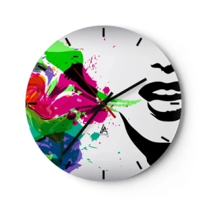 Horloge murale - Pendule murale - Portrait abstrait d'une femme avec des éclaboussures de peinture colorées - 30x30cm - Une histoire aux couleurs de l'arc-en-ciel - Décoration murale moderne pour le salon, la cuisine et la chambre ARTTOR