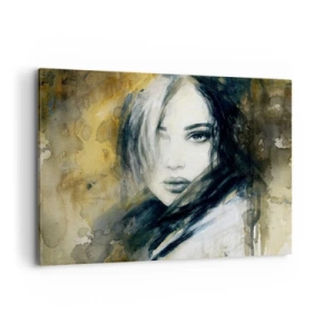 Impression sur toile - Image sur toile - Portrait d'une femme sur fond de taches abstraites dans les tons beiges - 100x70cm - plutôt innocente ou sensuelle ? - Décoration murale moderne pour le salon et la chambre ARTTOR