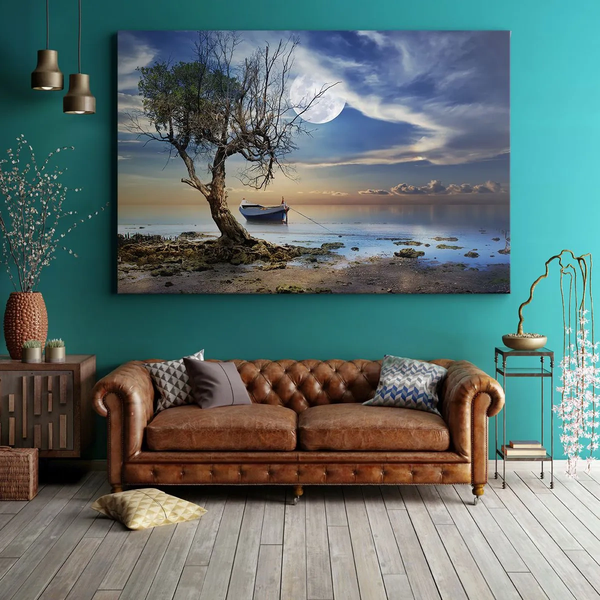 Impression sur toile - Image sur toile - Un arbre solitaire et un bateau sur une eau calme sous la pleine lune. - 120x80cm - Est-ce la fin ou le début ? - Décoration murale moderne pour le salon et la chambre ARTTOR