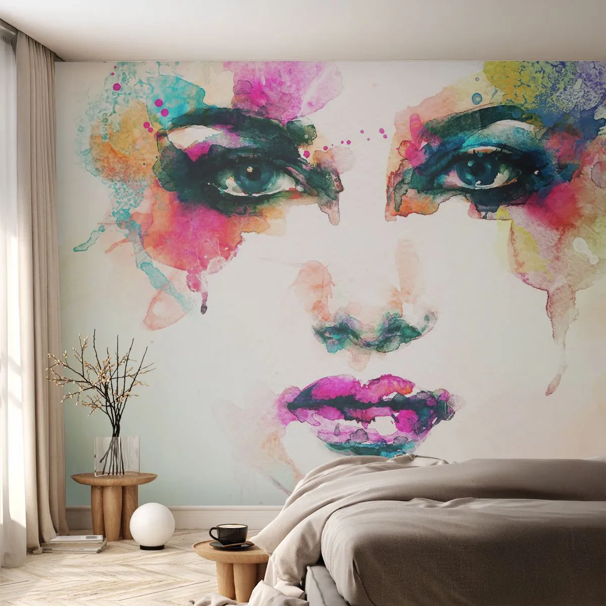 Papier Peint Autocollant Deluxe Sticker - Un portrait peint avec un arc-en-ciel - Abstraction, Visage de femme, Morceau - 250x175 cm