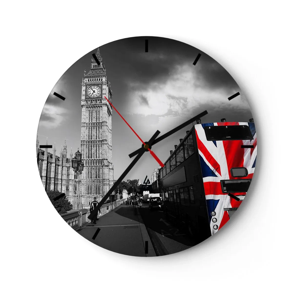Horloge murale - Pendule murale - Big Ben et un bus avec un motif de drapeau britannique - 30x30cm - Fière et grande - Décoration murale moderne pour le salon, la cuisine et la chambre ARTTOR