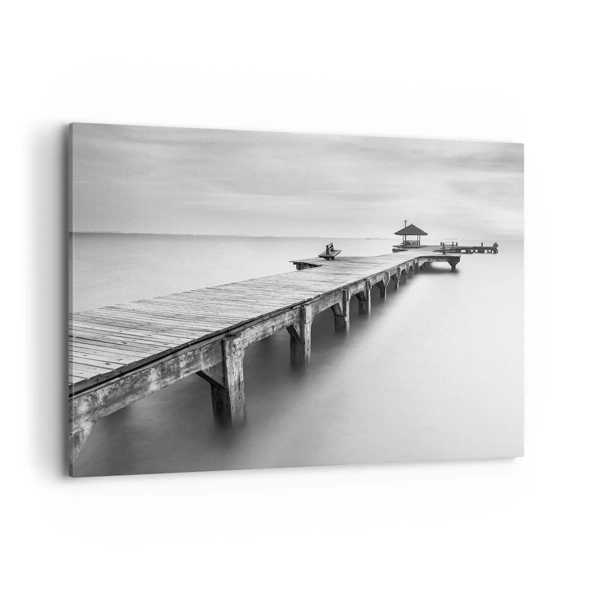 Impression sur toile - Image sur toile - Une vue en noir et blanc d'une jetée en bois sur une eau calme. - 100x70cm - À l'horizon - Décoration murale moderne pour le salon et la chambre ARTTOR