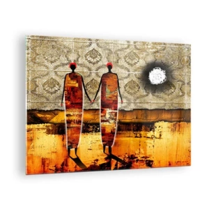 Impression sur verre - Image sur verre - Deux figures abstraites sur un fond d'ornement et de nuances dorées - 70x50cm - Composition ethnique aux couleurs de l'Afrique - Décoration murale moderne pour le salon et la chambre ARTTOR