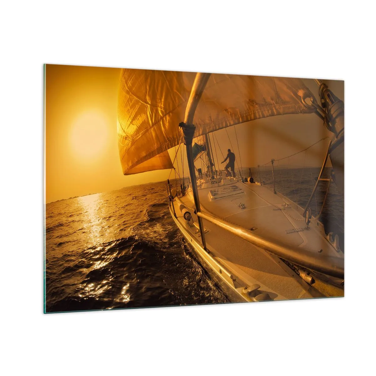 Impression sur verre - Image sur verre - Un voilier sur fond de soleil couchant - 100x70cm - Une soirée en por après une journée haute en couleurs - Décoration murale moderne pour le salon et la chambre ARTTOR