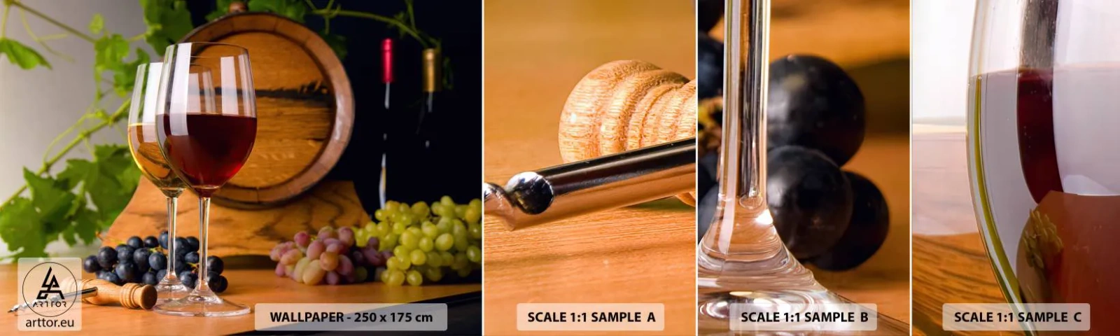 Échantillon de Papier Peint Autocollant Deluxe Sticker - Comme les vieux maîtres - Tonneau de vin, Raisin, Un verre de vin - 100x30 cm