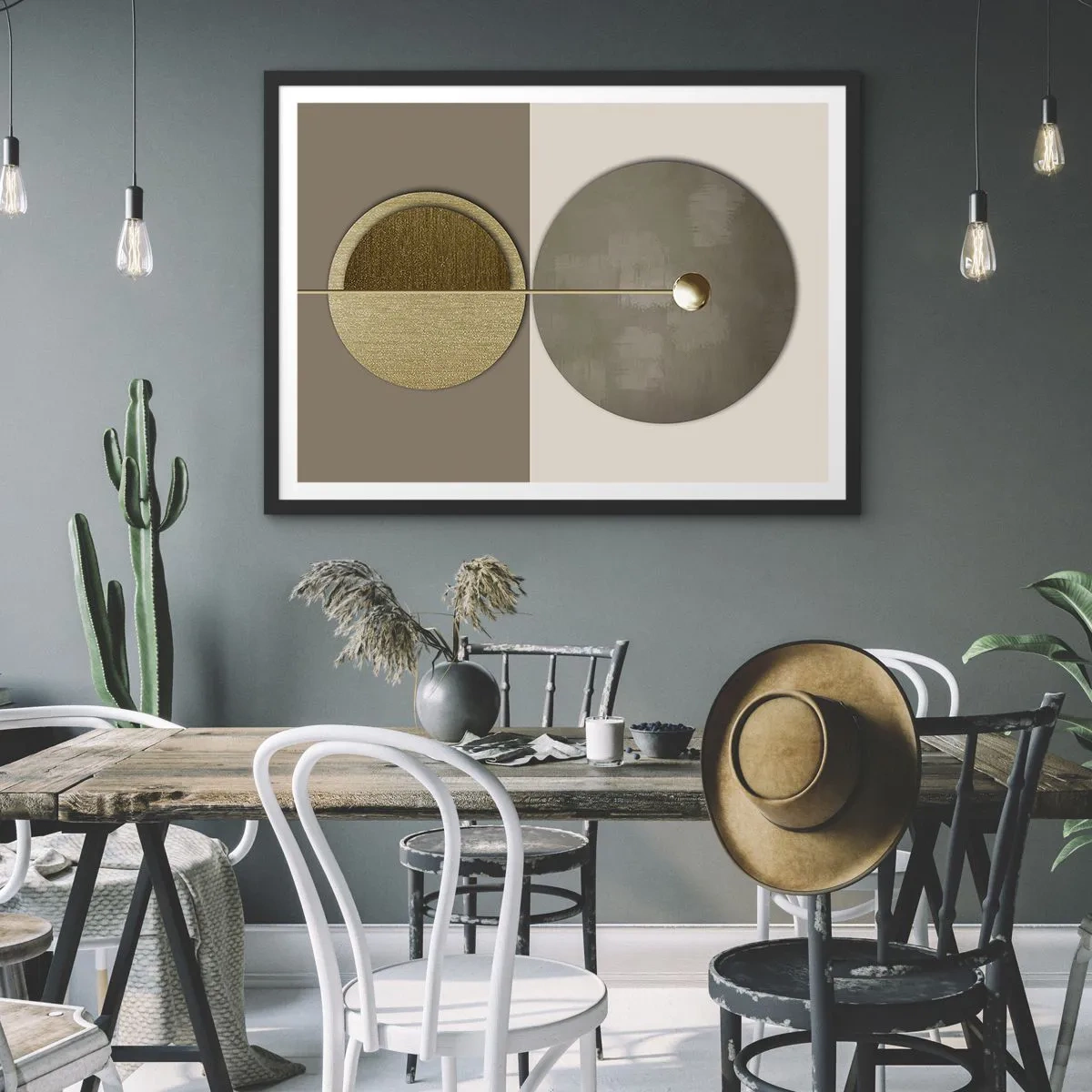 Affiche dans un cadre noir - Poster - Cercles abstraits dans les tons or et beige - 100x70cm - Équilibre parfait - Décoration murale moderne pour le salon et la chambre ARTTOR