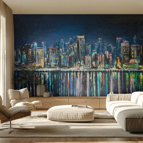 Papier Peint Photo Premium Sand - Panorama de la ville moderne la nuit avec reflet dans l'eau - 100x70cm - Cascade de lumières - Décoration murale moderne pour le salon et la chambre ARTTOR